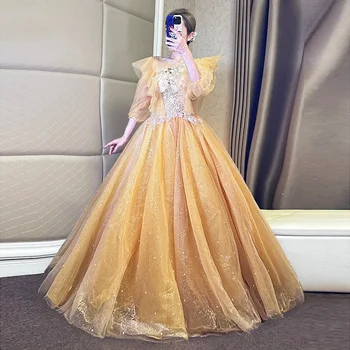 Новые вечерние платья золотистого цвета с элегантными кружевными аппликациями, расшитыми бисером, Бальное платье на бретелях, расшитое жемчугом, Vestido De Debutante