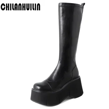 осенне-зимние сапоги брендовая обувь эластичная + кожаная обувь женские сапоги на высоком каблуке черные сапоги до колена на толстой платформе черные бежевые