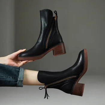 Осенне-зимняя женская обувь, кожаные полусапожки для женщин, ботинки на массивном каблуке с круглым носком, Ботильоны на молнии, женская обувь на платформе, каблук