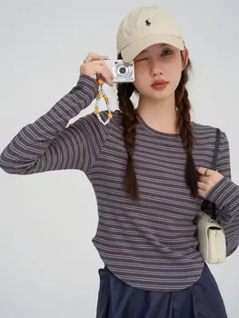 Осень 2023, женская футболка в полоску с длинными рукавами