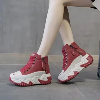 Осень 2024, новые Женские кроссовки с высоким берцем на толстой подошве, Корейская мода, Универсальная уличная повседневная обувь, Женские ботинки, увеличивающие рост.