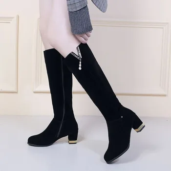 Осень /Зима 2023, новые женские сапоги с длинным рукавом на толстом каблуке, тонкие сапоги с высоким рукавом до колена