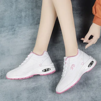 Розовые кроссовки для бега, женские кроссовки на воздушной подушке, увеличивающие рост, удобные водонепроницаемые кожаные туфли-корзинки, женская спортивная обувь на платформе