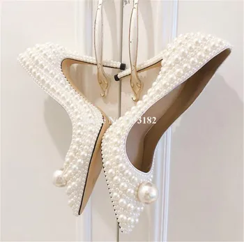 Роскошные белые туфли-лодочки на шпильке Pealrs, Блестящие украшения с острым носком, бриллианты, туфли на высоком каблуке без застежки, свадебные туфли для вечеринок