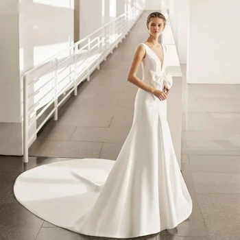 Роскошные Свадебные платья Русалки С V-образным вырезом 2024 Года Без Рукавов Простые Атласные Свадебные Платья Классический Большой Бант С Открытой Спиной Vestido De Novia W10350