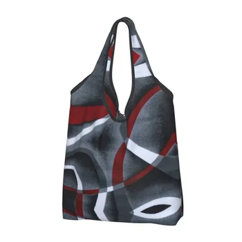 Современная Абстрактная Серо-красная сумка для покупок с завитками, женская Портативная Сумка для продуктов Большой емкости, Красочная текстура, Геометрические сумки для покупок