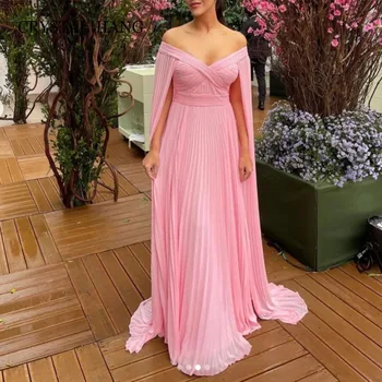 Стильные длинные розовые шифоновые вечерние платья с открытыми плечами, длинными рукавами и шлейфом трапециевидной формы, вечерние платья Vestido Feminino