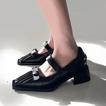 Темно-черный милый прохладный стиль, нишевый дизайн, персонализированные кожаные туфли на толстом каблуке, женские весенне-осенние Mary Jane sho