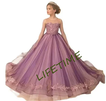 Фиолетовое свадебное платье для девочки в цветочек, тюлевая аппликация, кружево, пышные бальные платья для вечеринки в честь Дня рождения принцессы, Первого причастия
