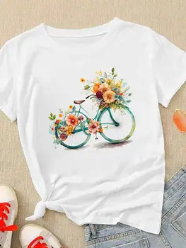 Футболка с принтом, женские футболки, модная повседневная футболка с цветочным принтом, тренд на велосипед, милая одежда 90-х, короткий рукав, графическая футболка