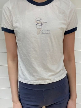 Хлопковая футболка с мультяшным графическим принтом, женская уличная одежда в стиле ретро, лоскутные футболки с круглым вырезом и коротким рукавом, летние повседневные топы Y2k для девочек