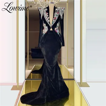 Черное бархатное вечернее платье с V-образным вырезом, расшитое бисером и кристаллами, Длинные рукава, платье Русалки из турецкого Дубая для вечеринки 2020, вечернее платье на заказ